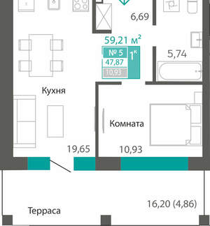 1-к квартира, вторичка, 48м2, 1/7 этаж