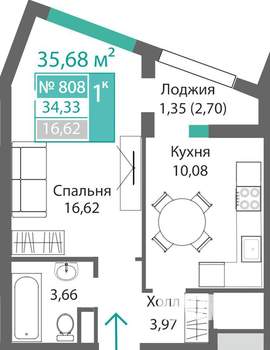 1-к квартира, строящийся дом, 36м2, 8/9 этаж