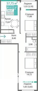 2-к квартира, строящийся дом, 58м2, 6/9 этаж