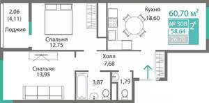 2-к квартира, строящийся дом, 61м2, 3/9 этаж