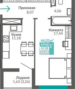 1-к квартира, вторичка, 42м2, 7/9 этаж