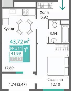 1-к квартира, строящийся дом, 42м2, 5/9 этаж
