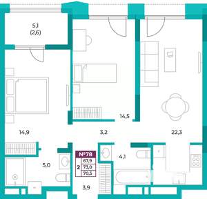 2-к квартира, вторичка, 71м2, 10/20 этаж