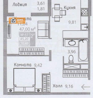 2-к квартира, вторичка, 47м2, 9/15 этаж