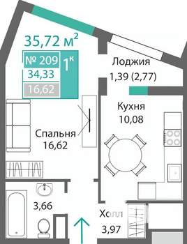 1-к квартира, строящийся дом, 36м2, 8/9 этаж