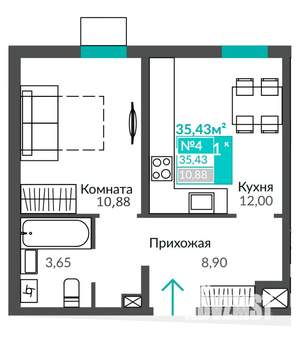 1-к квартира, вторичка, 35м2, 1/9 этаж