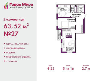 2-к квартира, вторичка, 64м2, 16/16 этаж