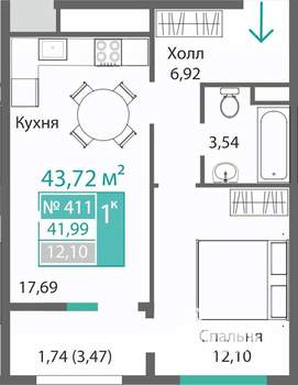 1-к квартира, вторичка, 42м2, 4/9 этаж