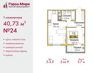 1-к квартира, вторичка, 41м2, 5/9 этаж