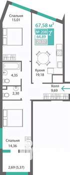 2-к квартира, строящийся дом, 68м2, 2/9 этаж