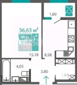 1-к квартира, сданный дом, 37м2, 4/16 этаж