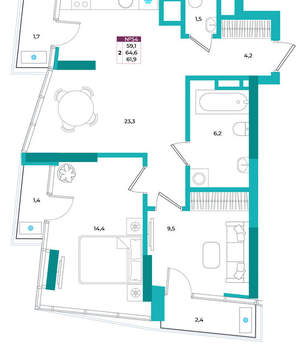2-к квартира, вторичка, 62м2, 9/24 этаж