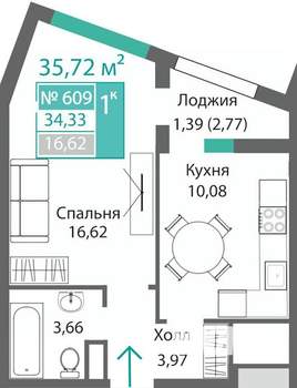 1-к квартира, строящийся дом, 36м2, 6/9 этаж
