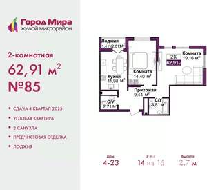 2-к квартира, вторичка, 63м2, 6/16 этаж