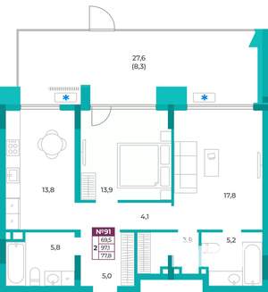 2-к квартира, вторичка, 78м2, 1/9 этаж