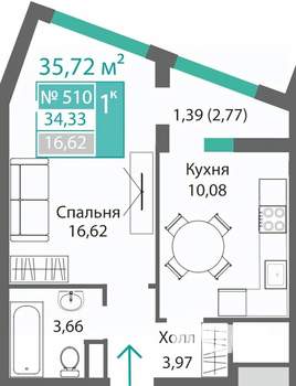 1-к квартира, строящийся дом, 36м2, 5/9 этаж