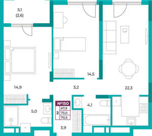 2-к квартира, вторичка, 71м2, 18/16 этаж