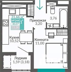 1-к квартира, строящийся дом, 30м2, 9/9 этаж