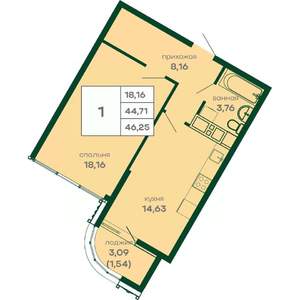 1-к квартира, вторичка, 46м2, 12/16 этаж