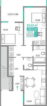 2-к квартира, вторичка, 69м2, 1/9 этаж