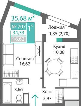 1-к квартира, строящийся дом, 36м2, 7/9 этаж