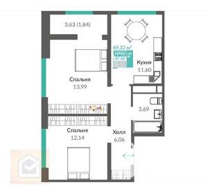 2-к квартира, вторичка, 49м2, 6/14 этаж
