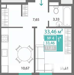 1-к квартира, строящийся дом, 33м2, 1/7 этаж
