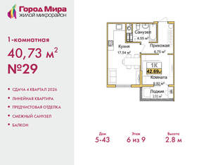 1-к квартира, вторичка, 41м2, 6/9 этаж