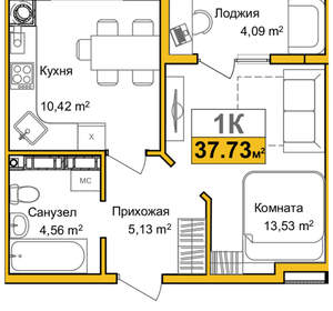 1-к квартира, сданный дом, 34м2, 5/10 этаж