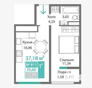 1-к квартира, вторичка, 37м2, 8/9 этаж