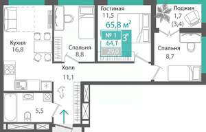 3-к квартира, строящийся дом, 64м2, 4/16 этаж