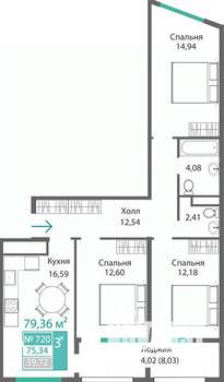3-к квартира, строящийся дом, 79м2, 7/9 этаж