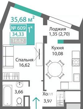 1-к квартира, строящийся дом, 36м2, 6/9 этаж