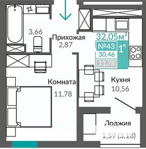 1-к квартира, строящийся дом, 30м2, 6/9 этаж
