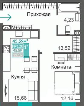 1-к квартира, строящийся дом, 46м2, 2/9 этаж