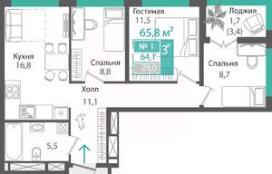 3-к квартира, строящийся дом, 64м2, 16/16 этаж
