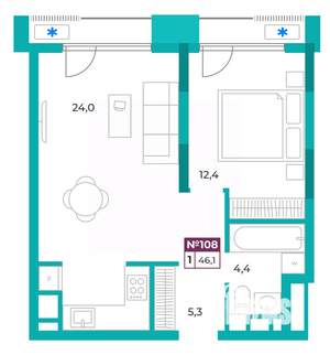 1-к квартира, вторичка, 46м2, 3/9 этаж