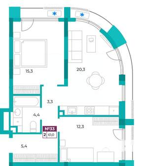 2-к квартира, вторичка, 61м2, 4/9 этаж