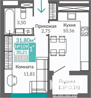 1-к квартира, строящийся дом, 30м2, 7/9 этаж