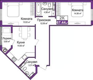 2-к квартира, вторичка, 66м2, 8/9 этаж