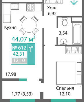 1-к квартира, вторичка, 42м2, 6/9 этаж