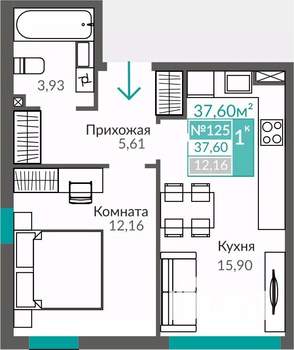 1-к квартира, строящийся дом, 38м2, 1/9 этаж