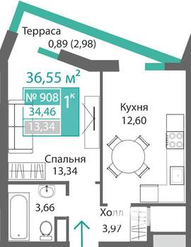 1-к квартира, строящийся дом, 34м2, 9/9 этаж