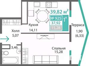 1-к квартира, строящийся дом, 40м2, 9/9 этаж