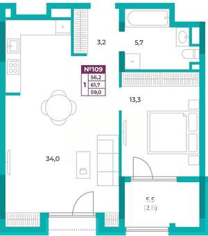 1-к квартира, вторичка, 59м2, 14/20 этаж