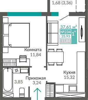 1-к квартира, вторичка, 36м2, 7/9 этаж