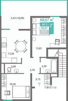 2-к квартира, строящийся дом, 56м2, 1/2 этаж
