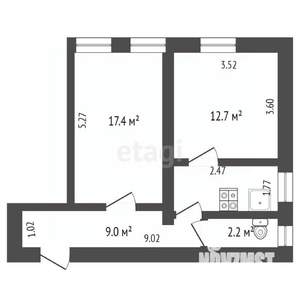 2-к квартира, вторичка, 54м2, 2/2 этаж