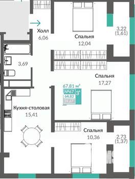 3-к квартира, вторичка, 68м2, 9/16 этаж