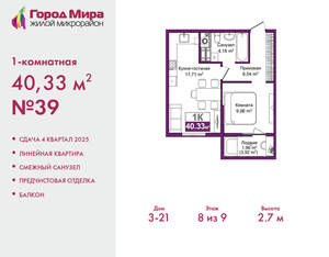 1-к квартира, вторичка, 40м2, 8/9 этаж